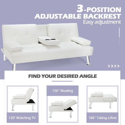 3-in-1 Convertible Leather Futon Sofa Bed with Cup Holders and Armrests – White