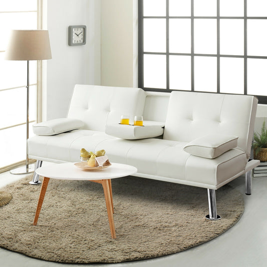 3-in-1 Convertible Leather Futon Sofa Bed with Cup Holders and Armrests – White