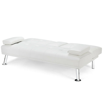 3-in-1 Convertible Leather Futon Sofa Bed with Cup Holders and Armrests – White