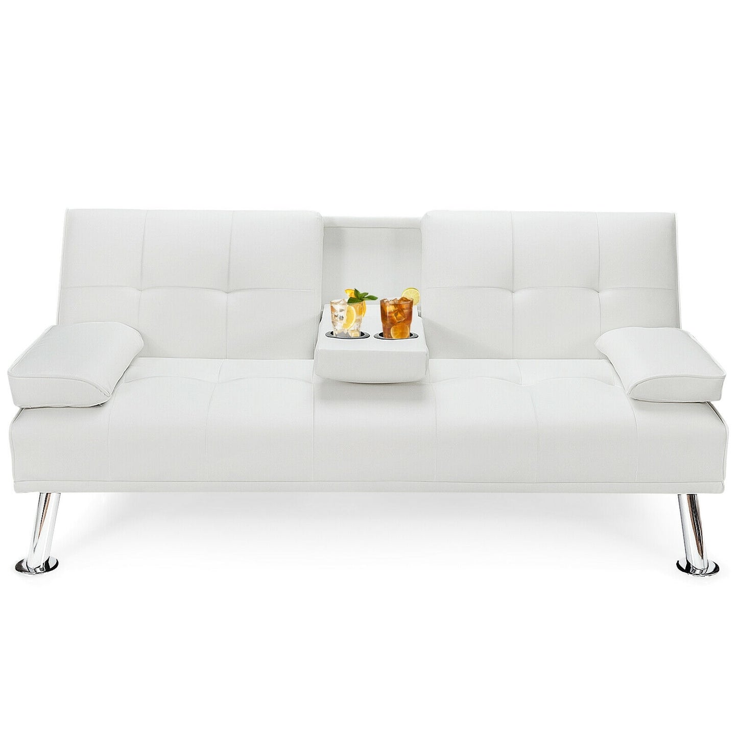 3-in-1 Convertible Leather Futon Sofa Bed with Cup Holders and Armrests – White