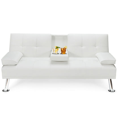 3-in-1 Convertible Leather Futon Sofa Bed with Cup Holders and Armrests – White