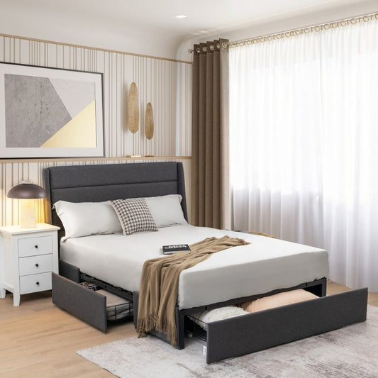 Contemporary Upholstered Platform Bed Frame with 3 Storage Drawers - Full/Queen Size