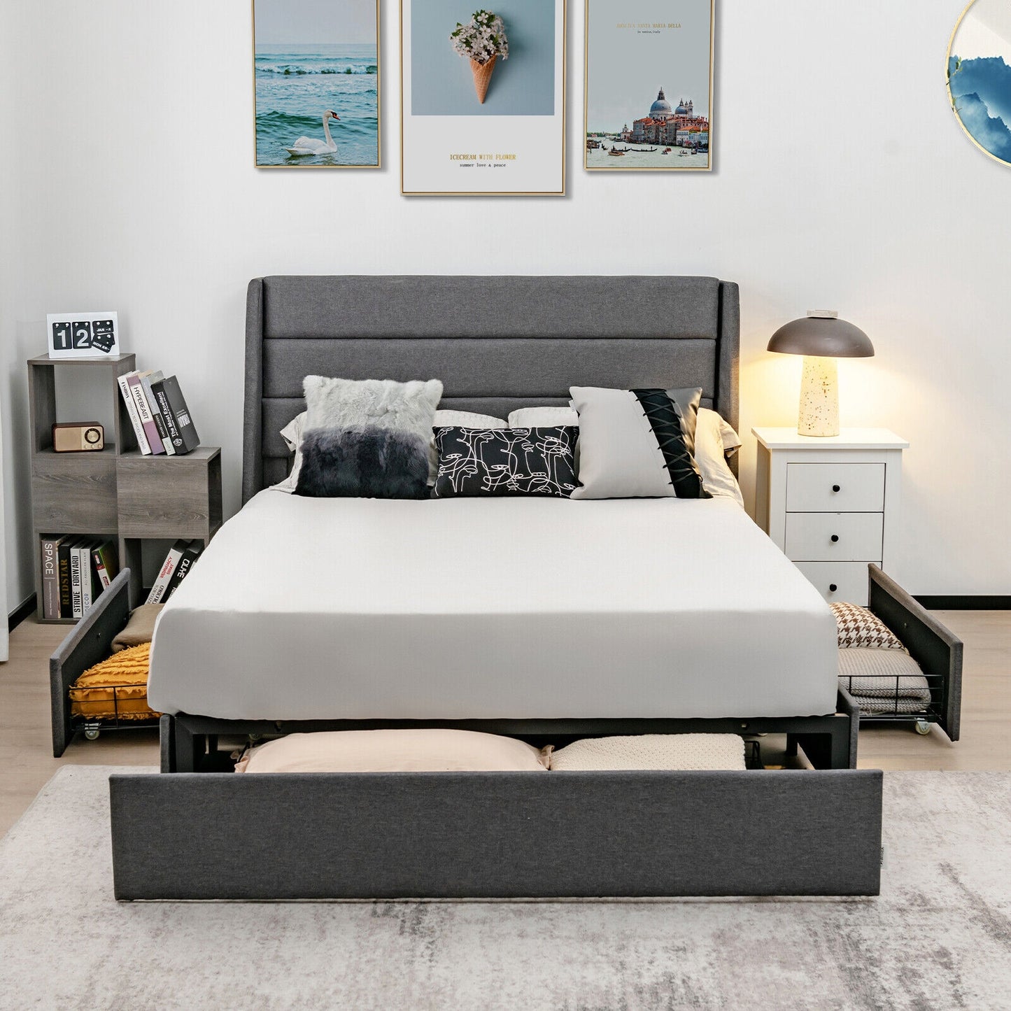 Contemporary Upholstered Platform Bed Frame with 3 Storage Drawers - Full/Queen Size