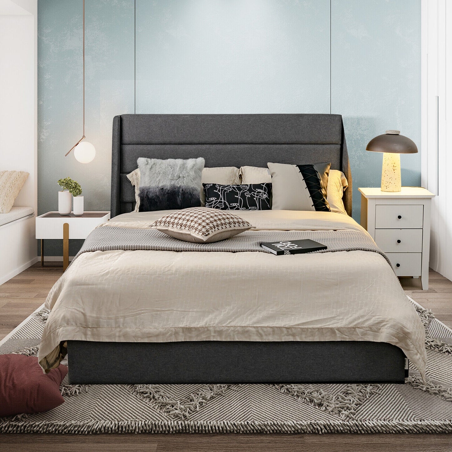 Contemporary Upholstered Platform Bed Frame with 3 Storage Drawers - Full/Queen Size