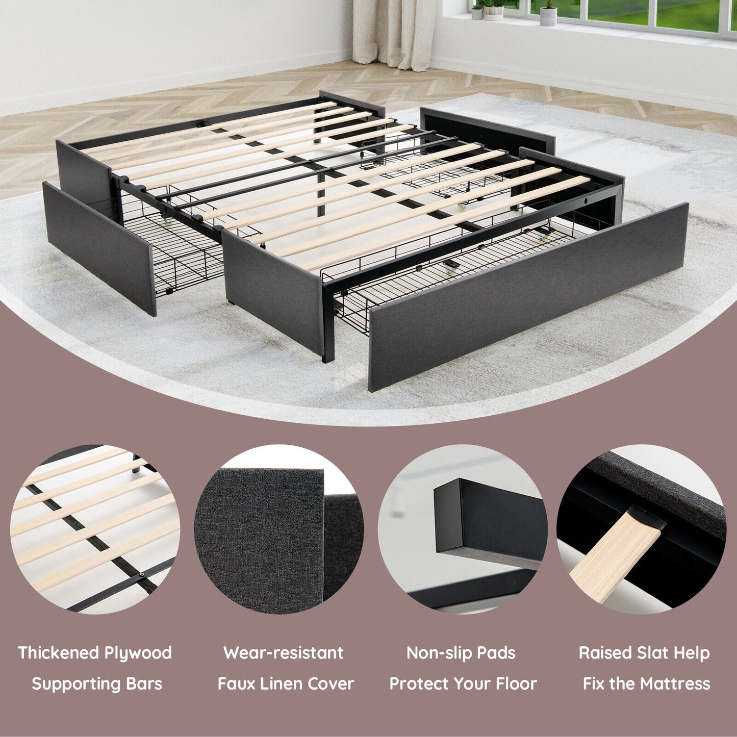 Contemporary Upholstered Platform Bed Frame with 3 Storage Drawers - Full/Queen Size