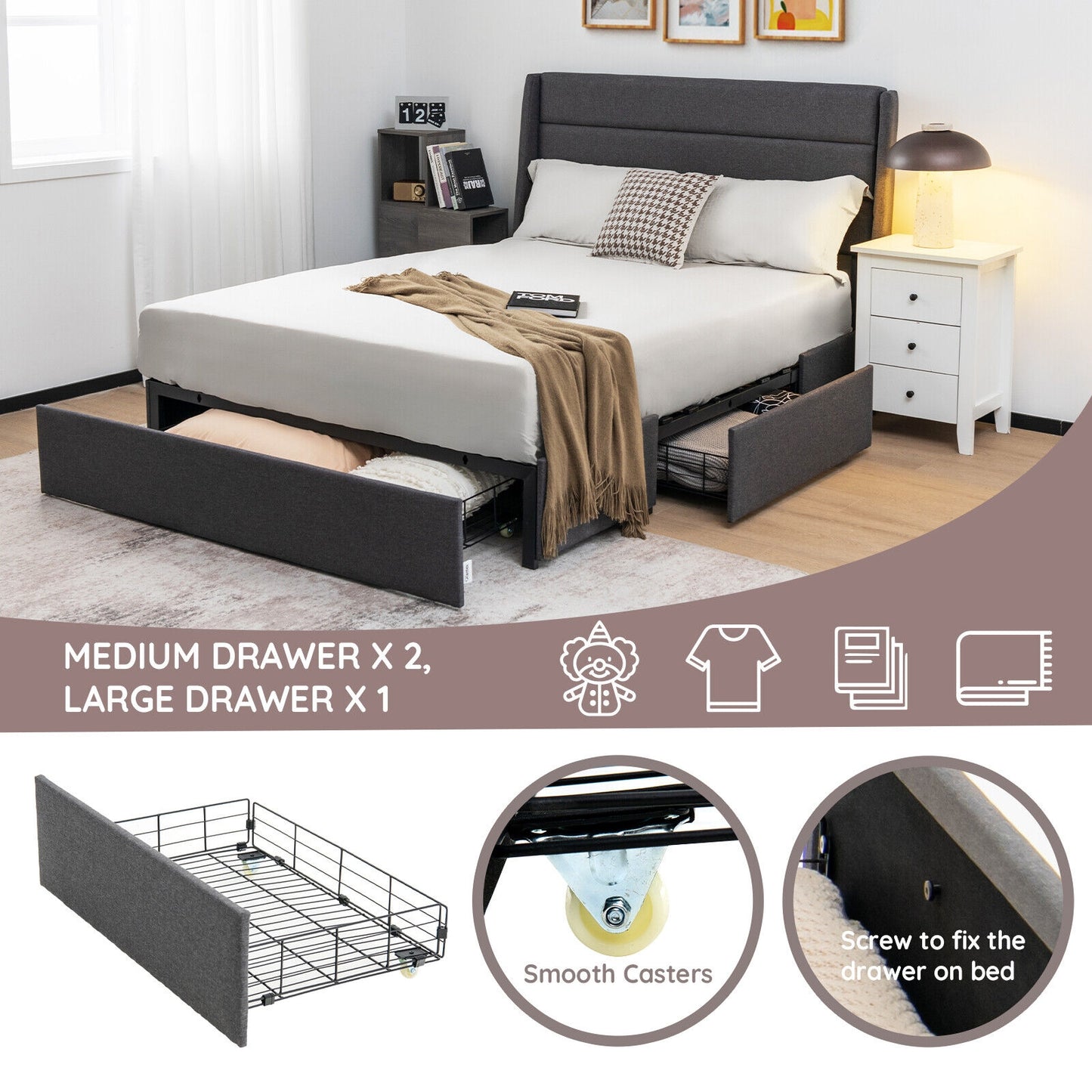 Contemporary Upholstered Platform Bed Frame with 3 Storage Drawers - Full/Queen Size