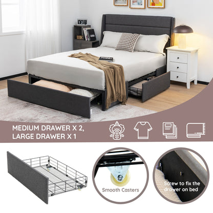 Contemporary Upholstered Platform Bed Frame with 3 Storage Drawers - Full/Queen Size