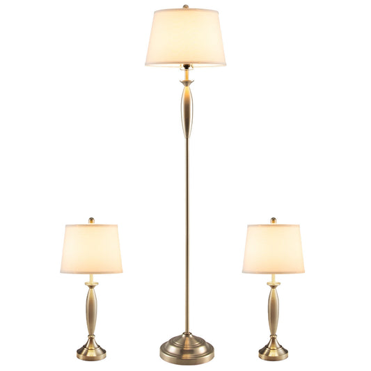3 Piece Modern Nickel Floor and Table Lamp Set with Linen Shades