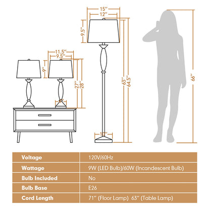 3 Piece Modern Nickel Floor and Table Lamp Set with Linen Shades