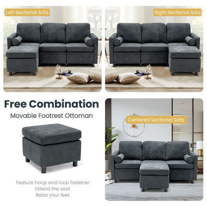 Convertible 3 Seater L-Shaped Sectional Sofa with Movable Ottoman and Removable Bolsters
