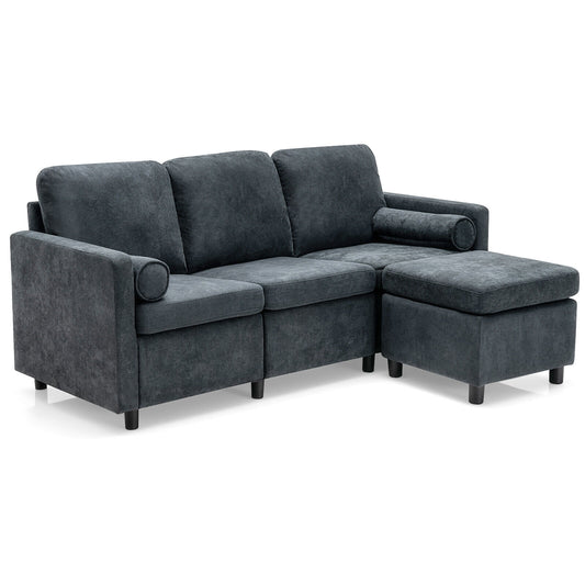 Convertible 3 Seater L-Shaped Sectional Sofa with Movable Ottoman and Removable Bolsters