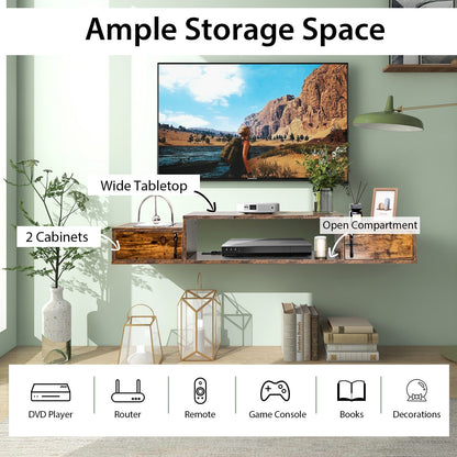55 Inch Wall Mounted Floating TV Stand with Power Outlet for TVs up to 65 Inch in Rustic Brown