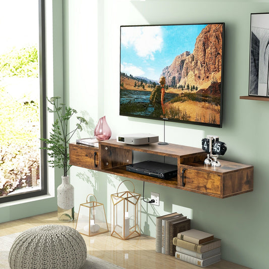 55 Inch Wall Mounted Floating TV Stand with Power Outlet for TVs up to 65 Inch in Rustic Brown