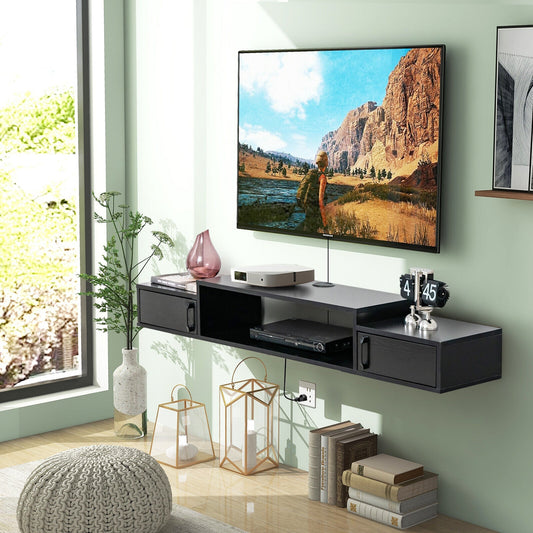 55 Inch Wall Mounted Floating TV Stand with Power Outlet for TVs up to 65 Inch in Black