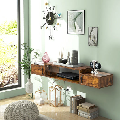 55 Inch Wall Mounted Floating TV Stand with Power Outlet for TVs up to 65 Inch in Rustic Brown