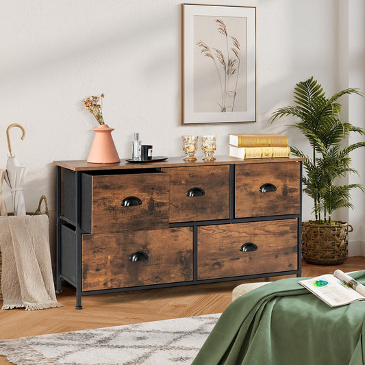 Rustic 5 Drawer Storage Dresser with Wooden Top
