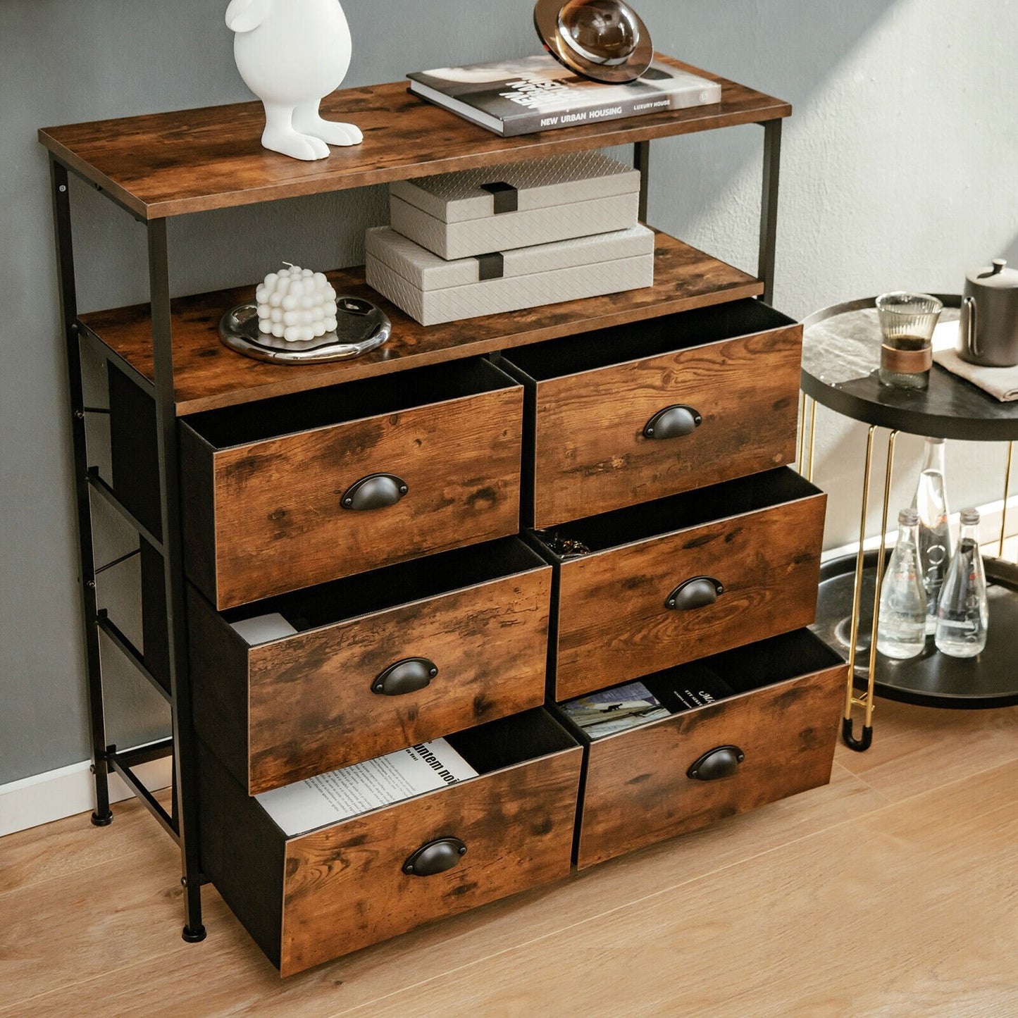 Rustic Brown 6 Drawer Dresser with Wood Top and Open Storage Shelves