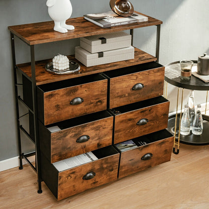 Rustic Brown 6 Drawer Dresser with Wood Top and Open Storage Shelves