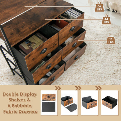 Rustic Brown 6 Drawer Dresser with Wood Top and Open Storage Shelves