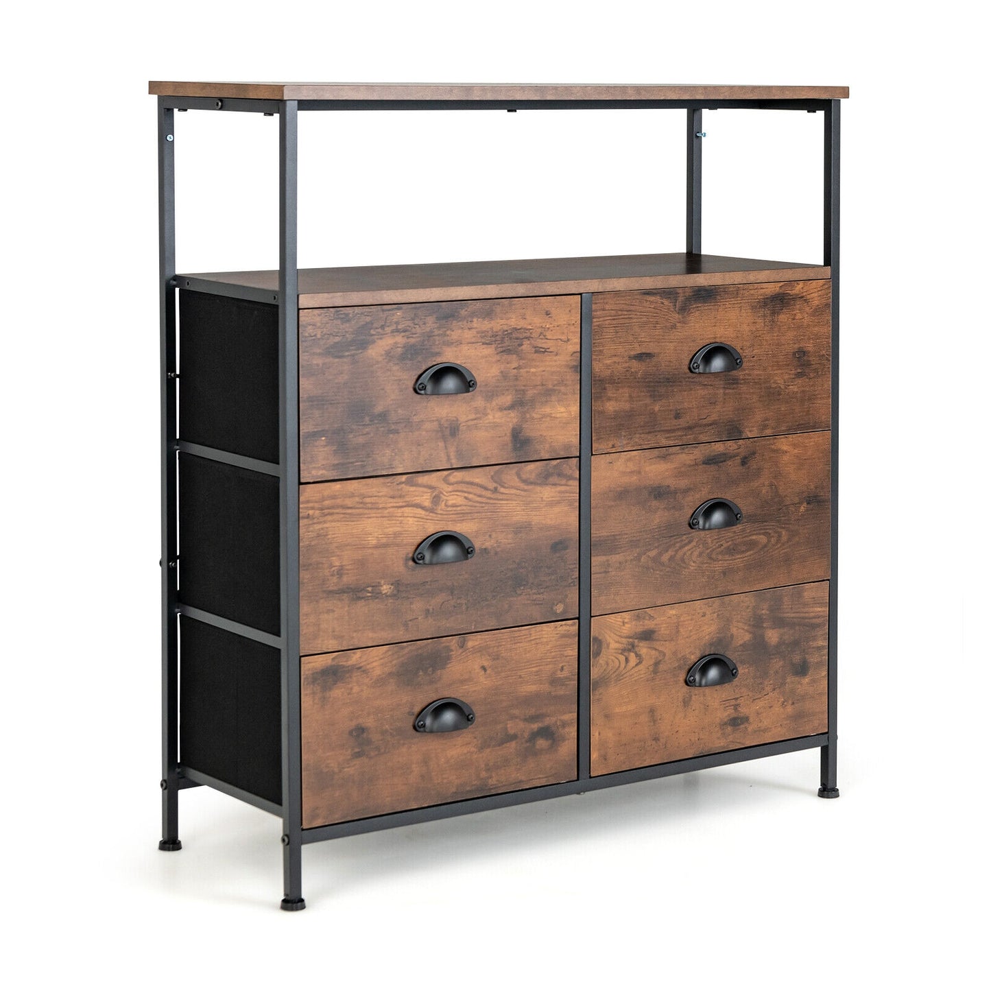 Rustic Brown 6 Drawer Dresser with Wood Top and Open Storage Shelves