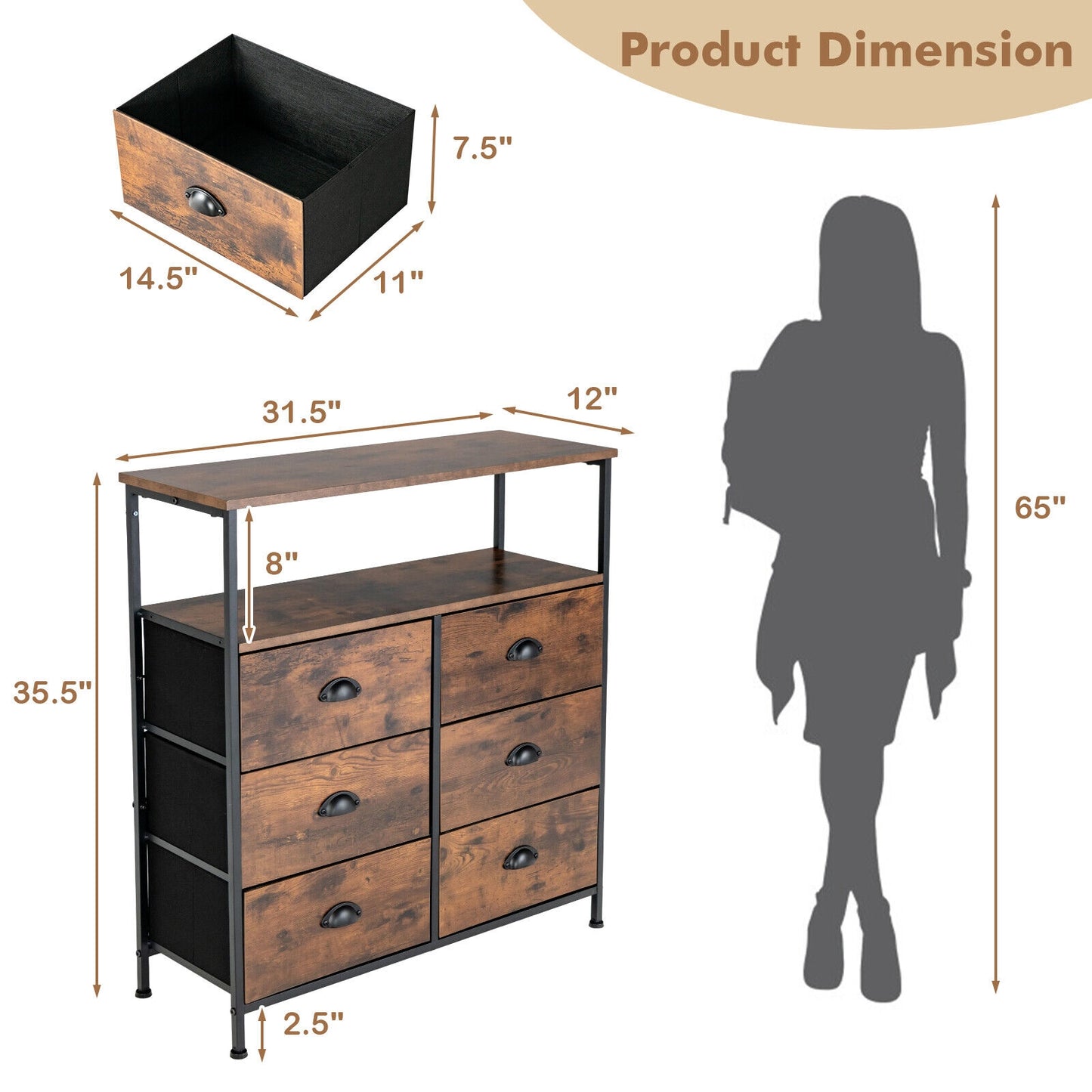 Rustic Brown 6 Drawer Dresser with Wood Top and Open Storage Shelves