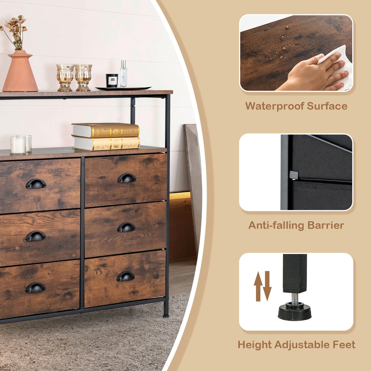 Rustic Brown 6 Drawer Dresser with Wood Top and Open Storage Shelves