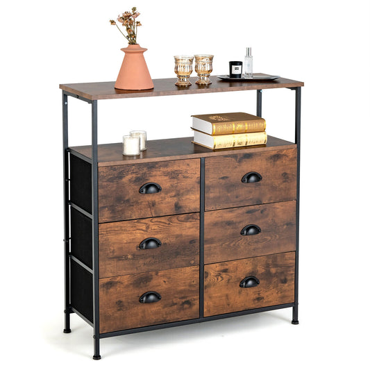 Rustic Brown 6 Drawer Dresser with Wood Top and Open Storage Shelves