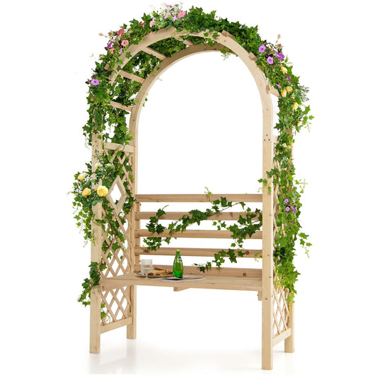 2-in-1 Garden Arch Bench with Climbing Trellis and Storage, Natural Fir Wood