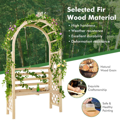 2-in-1 Garden Arch Bench with Climbing Trellis and Storage, Natural Fir Wood