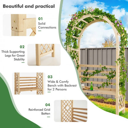 2-in-1 Garden Arch Bench with Climbing Trellis and Storage, Natural Fir Wood