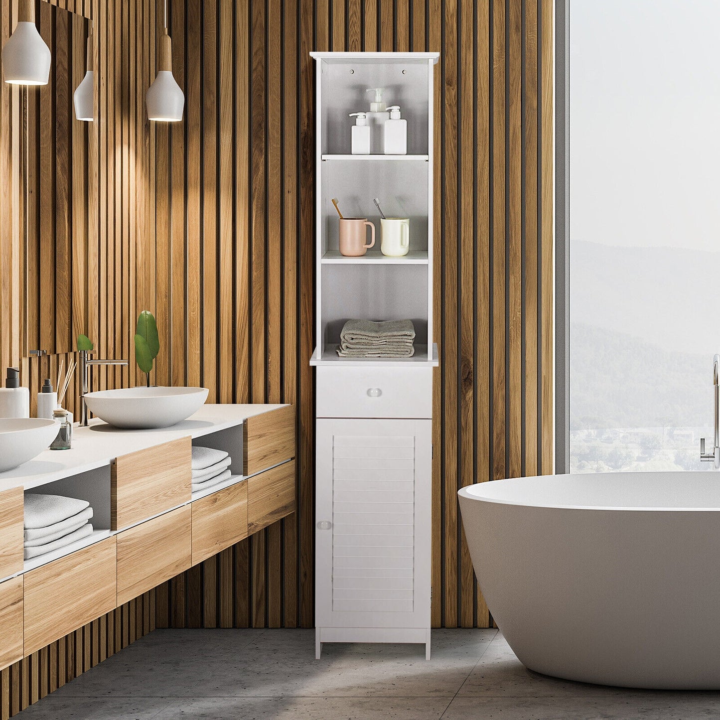 Tall Freestanding Bathroom Storage Cabinet with Shelves & Drawer