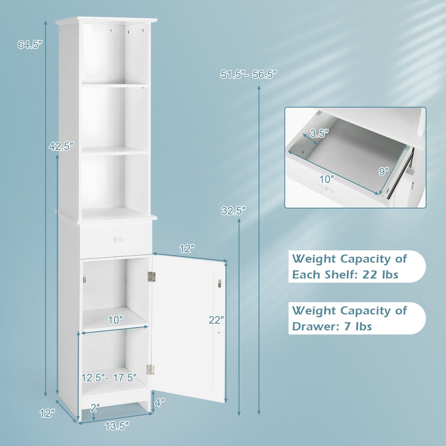Tall Freestanding Bathroom Storage Cabinet with Shelves & Drawer