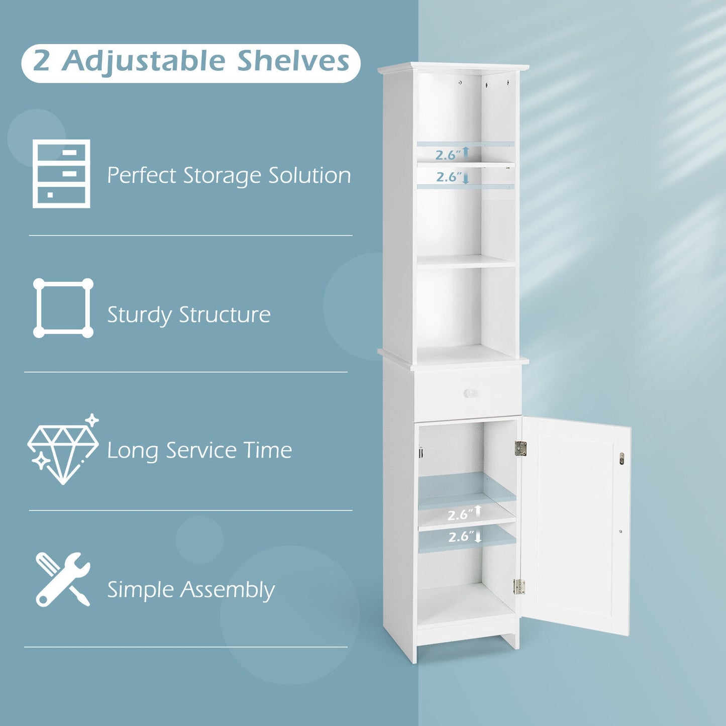 Tall Freestanding Bathroom Storage Cabinet with Shelves & Drawer