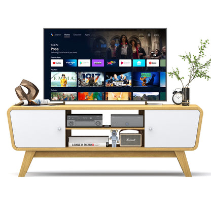 Mid Century Modern TV Stand with Sliding Doors for TVs up to 55 Inches in Natural Finish