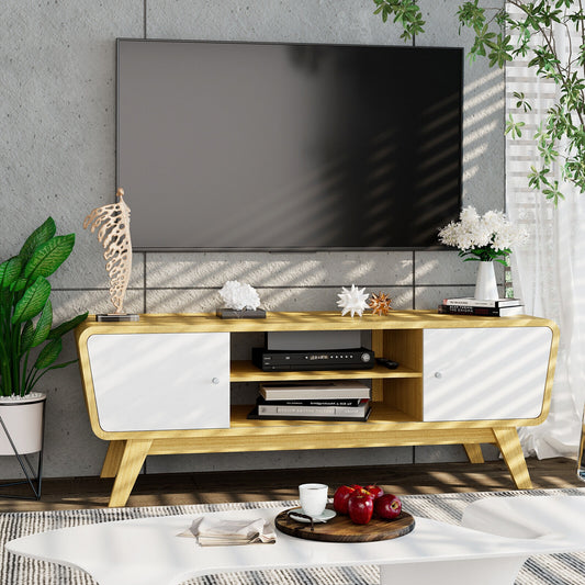 Mid Century Modern TV Stand with Sliding Doors for TVs up to 55 Inches in Natural Finish