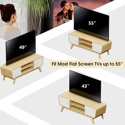 Mid Century Modern TV Stand with Sliding Doors for TVs up to 55 Inches in Natural Finish