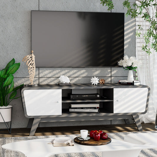 Mid Century Modern TV Stand with Sliding Doors for TVs up to 55 Inches in Grey Finish