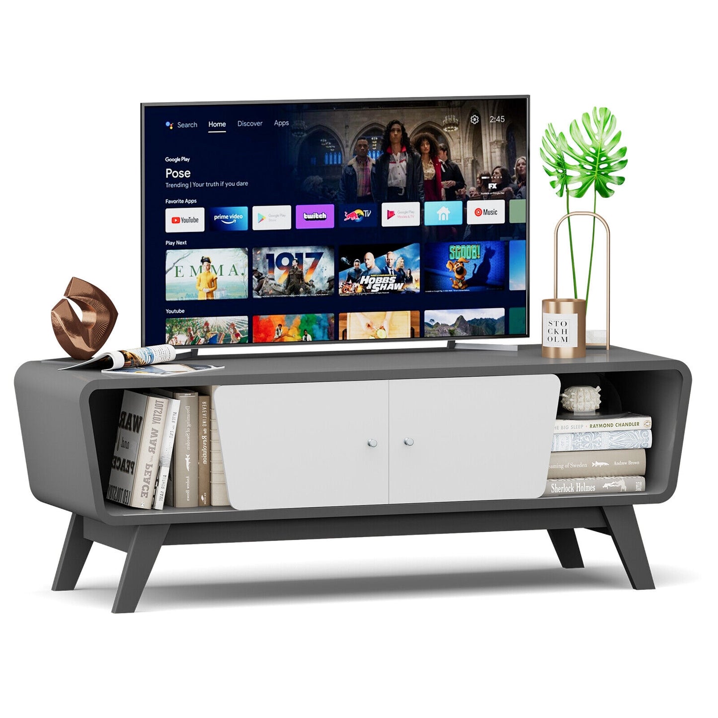 Mid Century Modern TV Stand with Sliding Doors for TVs up to 55 Inches in Grey Finish