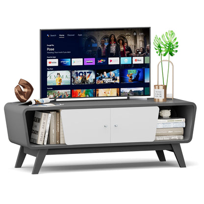 Mid Century Modern TV Stand with Sliding Doors for TVs up to 55 Inches in Grey Finish