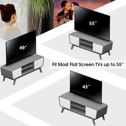 Mid Century Modern TV Stand with Sliding Doors for TVs up to 55 Inches in Grey Finish