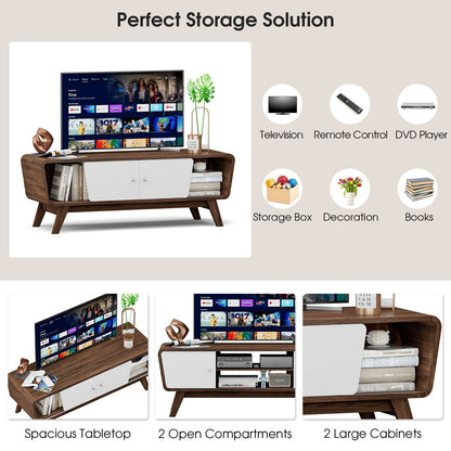 Mid Century Modern TV Stand with Sliding Doors for TVs up to 55 Inches in Walnut Finish