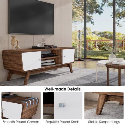 Mid Century Modern TV Stand with Sliding Doors for TVs up to 55 Inches in Walnut Finish