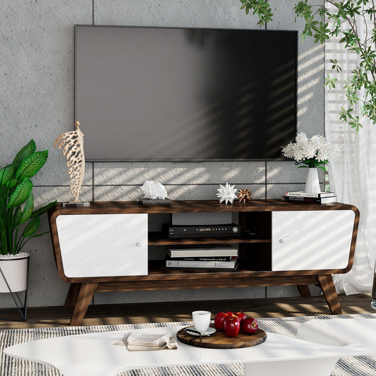 Mid Century Modern TV Stand with Sliding Doors for TVs up to 55 Inches in Walnut Finish