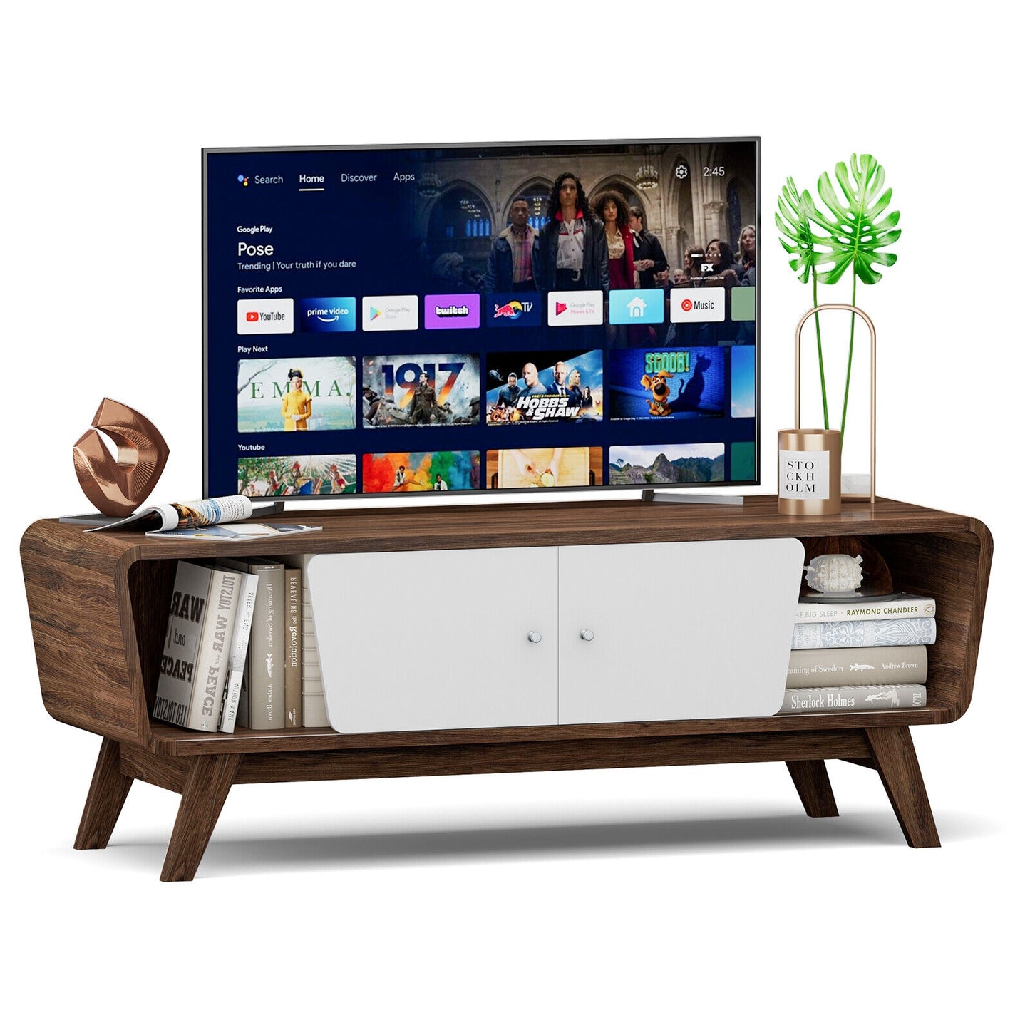 Mid Century Modern TV Stand with Sliding Doors for TVs up to 55 Inches in Walnut Finish
