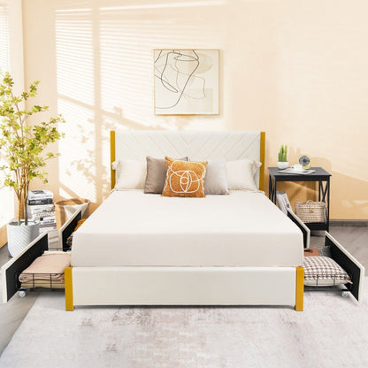 Modern Upholstered Bed Frame with Adjustable Headboard and 4 Storage Drawers - Full/Queen Size