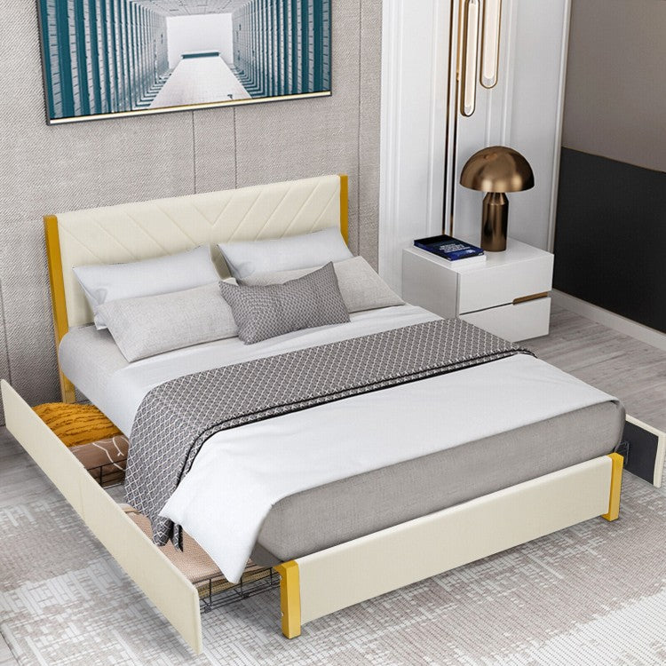Modern Upholstered Bed Frame with Adjustable Headboard and 4 Storage Drawers - Full/Queen Size