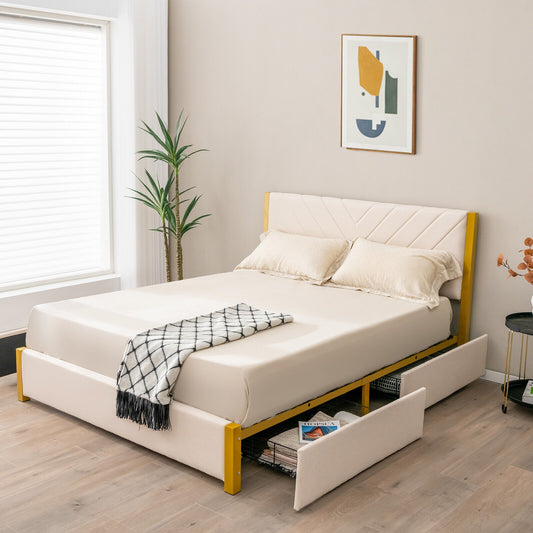 Modern Upholstered Bed Frame with Adjustable Headboard and 4 Storage Drawers - Full/Queen Size