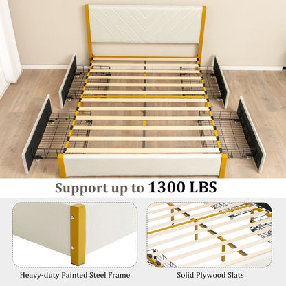 Modern Upholstered Bed Frame with Adjustable Headboard and 4 Storage Drawers - Full/Queen Size