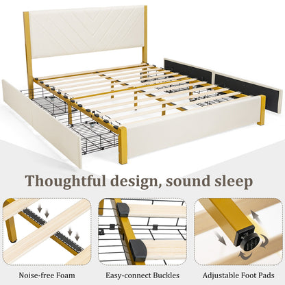 Modern Upholstered Bed Frame with Adjustable Headboard and 4 Storage Drawers - Full/Queen Size