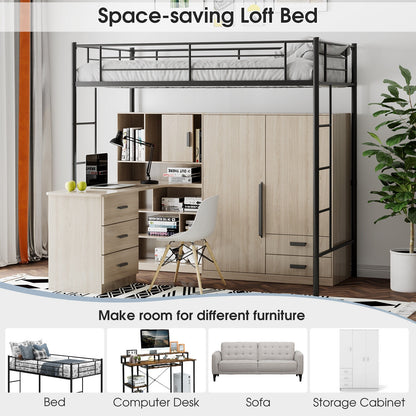 Space-Saving Twin Metal Loft Bed with Full-Length Guardrails and Dual Ladders